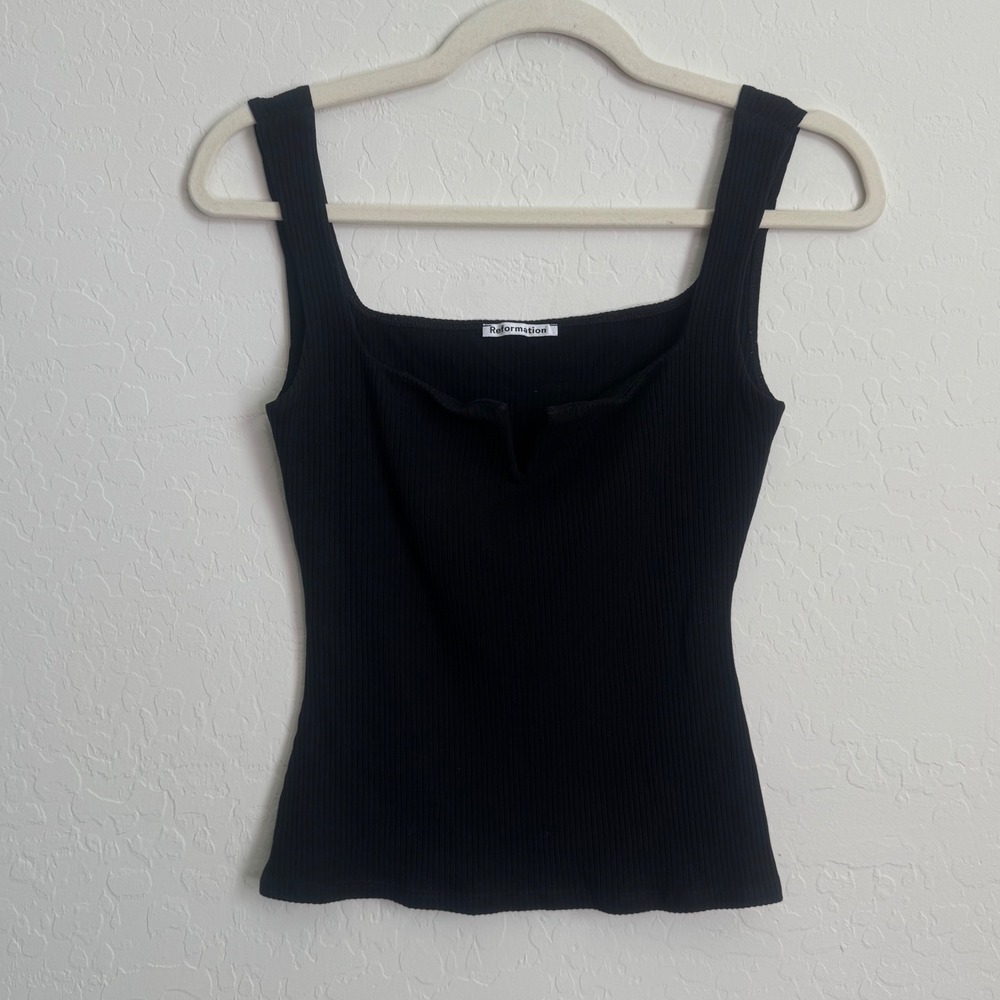 Reformation Black Ribbed Notch Square Neck Tank Top Small Tencel Minimal